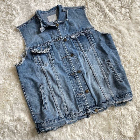 Oak + Fort Vest Denim Jean Oversized Distressed One Size OS - Picture 1 of 10